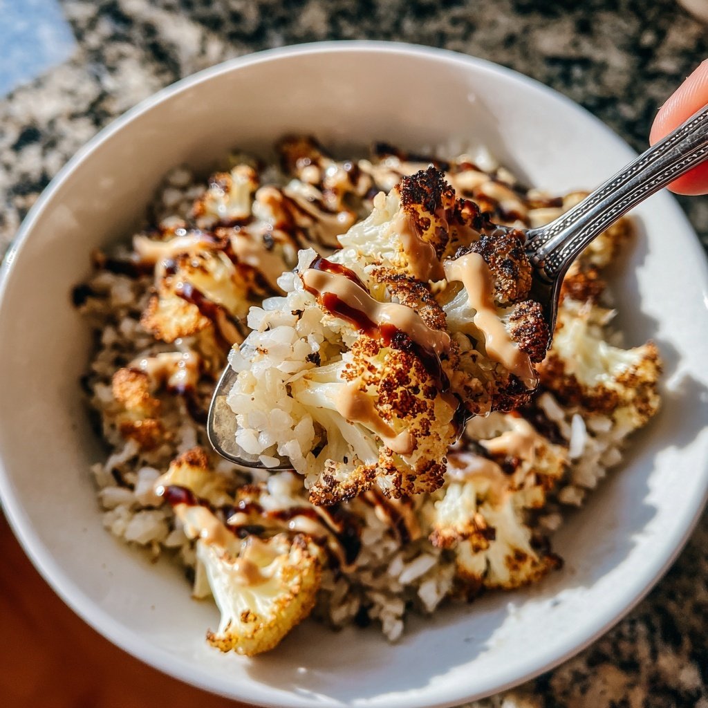 Roasted Cauliflower Tahini Rice Bowl